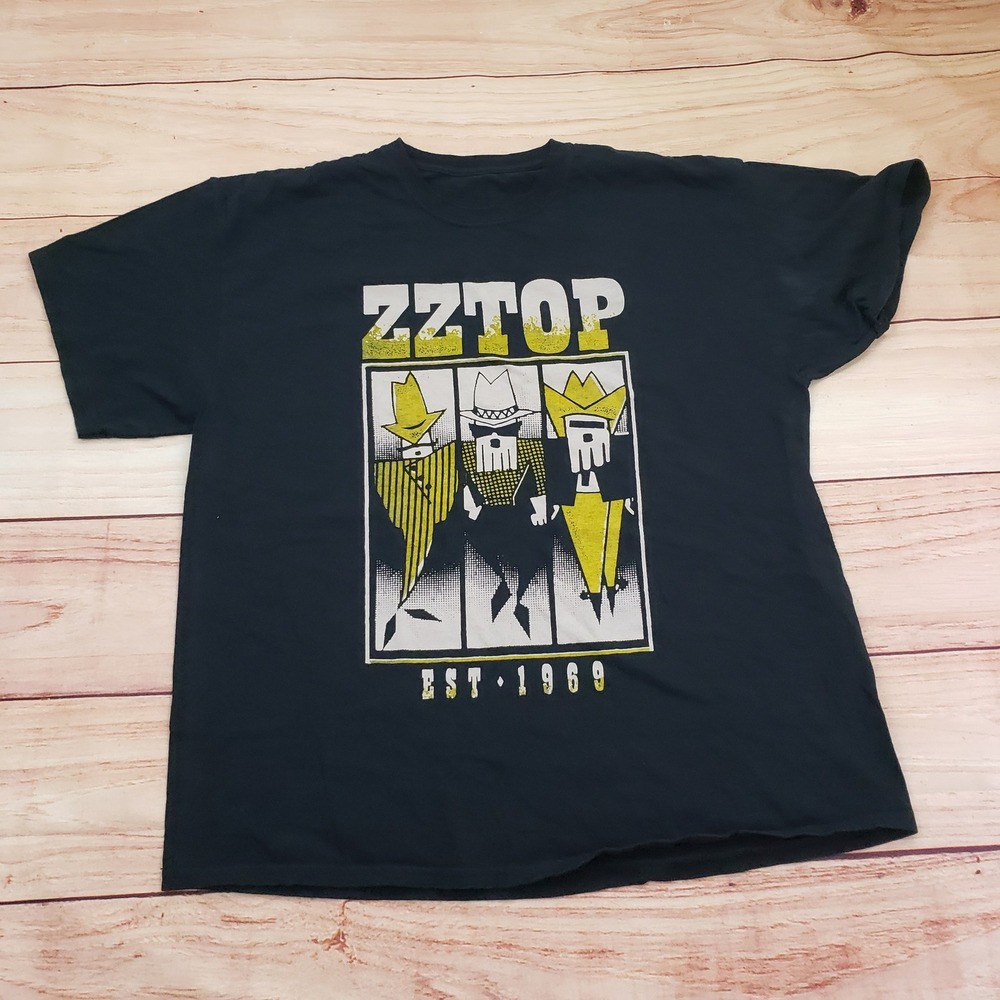 ZZ Top Band T Shirt Mens Large Black Yellow Outdoor 2019‎ Concert Band Tour